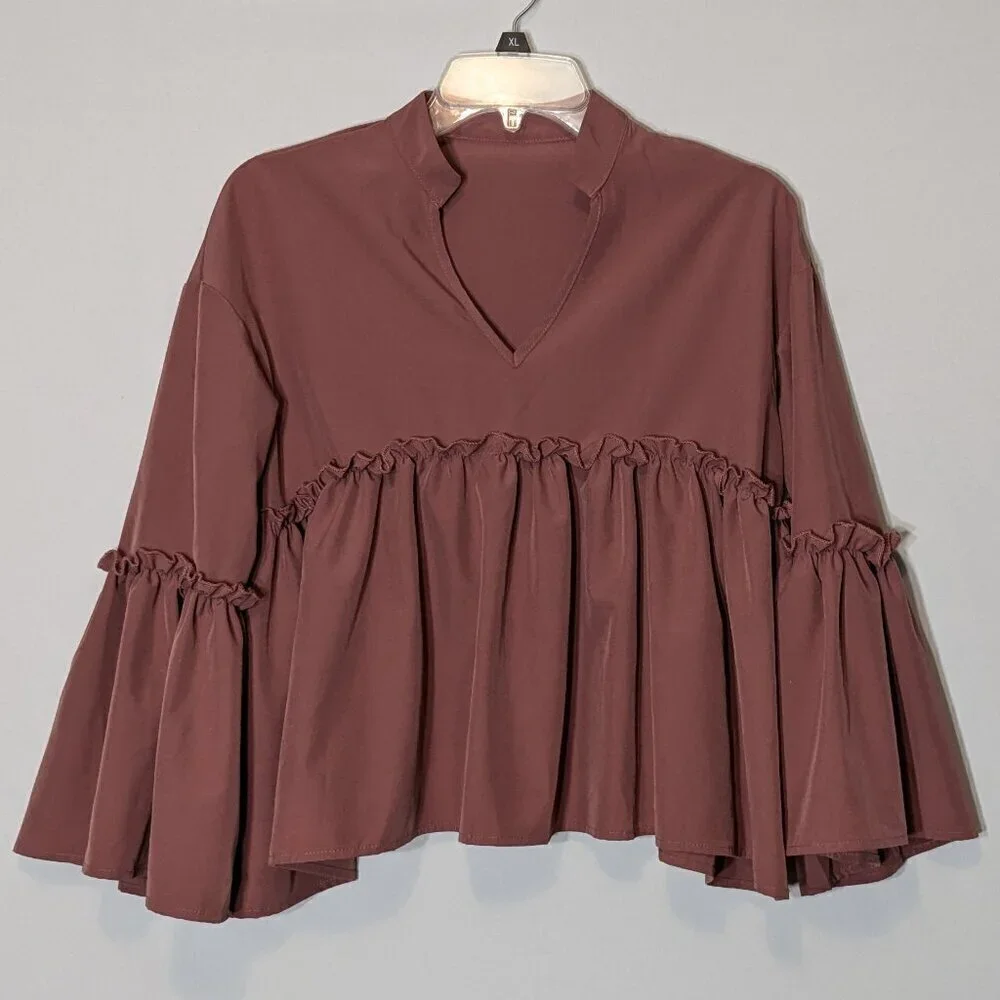 SHEIN Blush Pink 3/4 Ruffle Sleeve Y2K Boho Crop Top w Ruffles; Size S